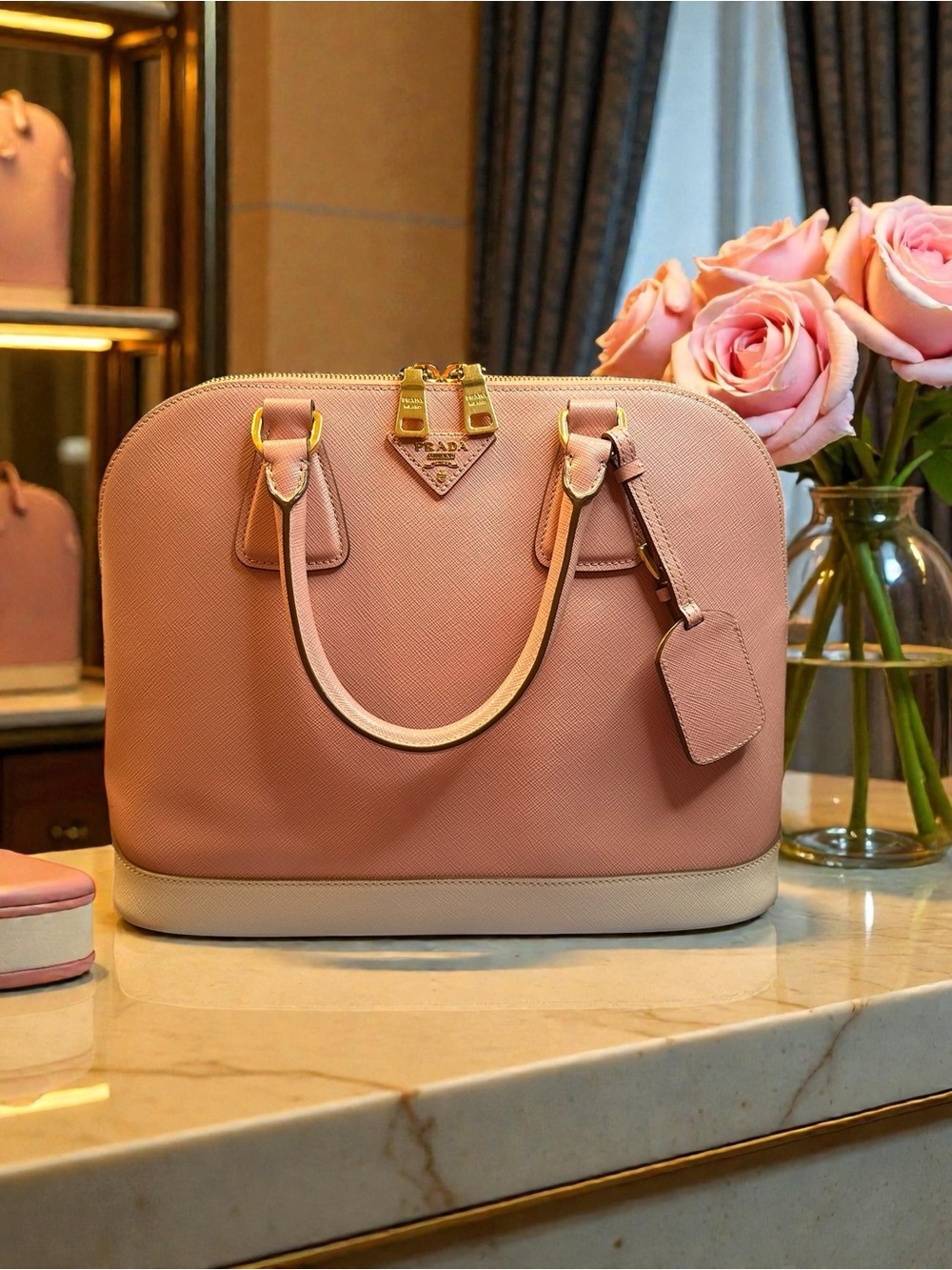 Prada Saffiano Leather Promenade Bag in Pink and Cream